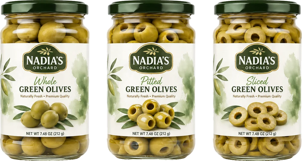 Whole, pitted and sliced green olive jars