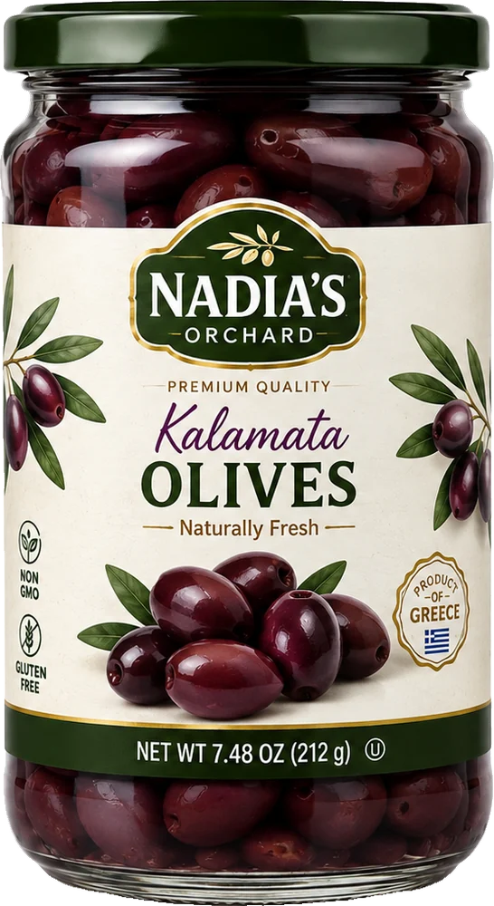 Nadia's Orchard Kalamata olives jar