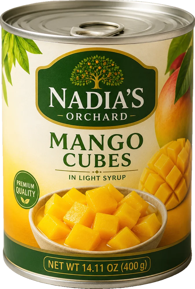 Nadia's Orchard mango cubes in light syrup, can