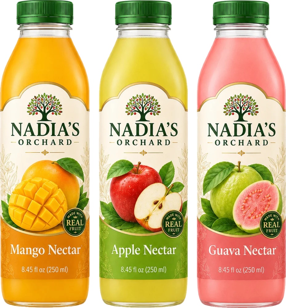 Nadia's Orchard mango, apple and guava fruit nectars