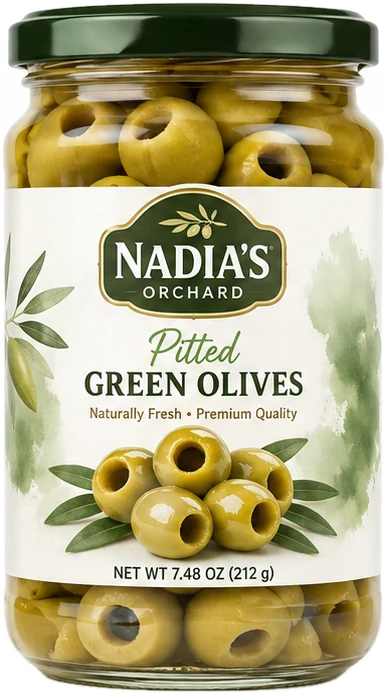 Pitted green olives jar