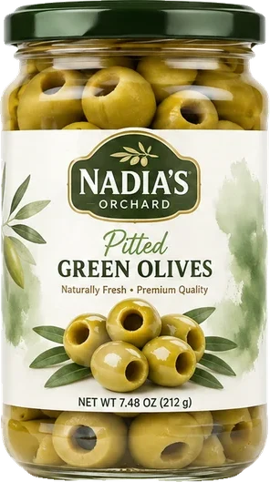 Pitted green olives jar