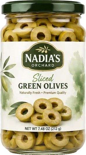 Sliced green olives jar