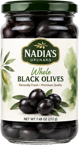Whole black olives jar