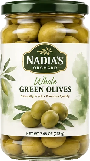 Whole green olives jar