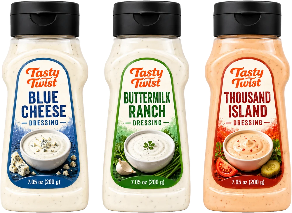 Tasty Twist Blue Cheese, Buttermilk Ranch and Thousand Island dressings