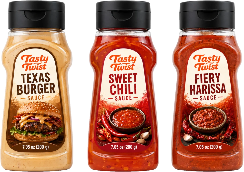 Tasty Twist Texas Burger, Sweet Chili and Fiery Harissa sauces